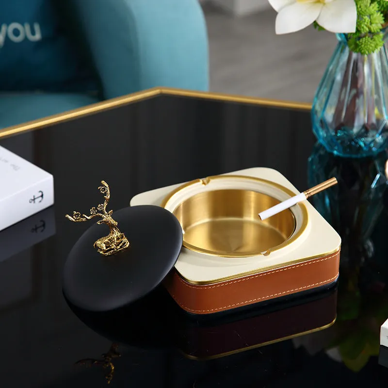 Resin ashtray with lid anti-fly ash in European style, round shape, 15x7cm