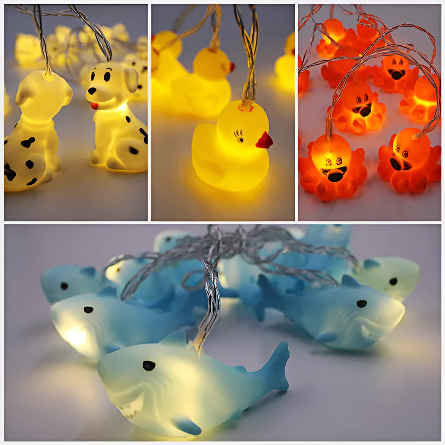 Vinyl animal LED light string 1.8m with 10 battery-operated animal pendant lights on a white background