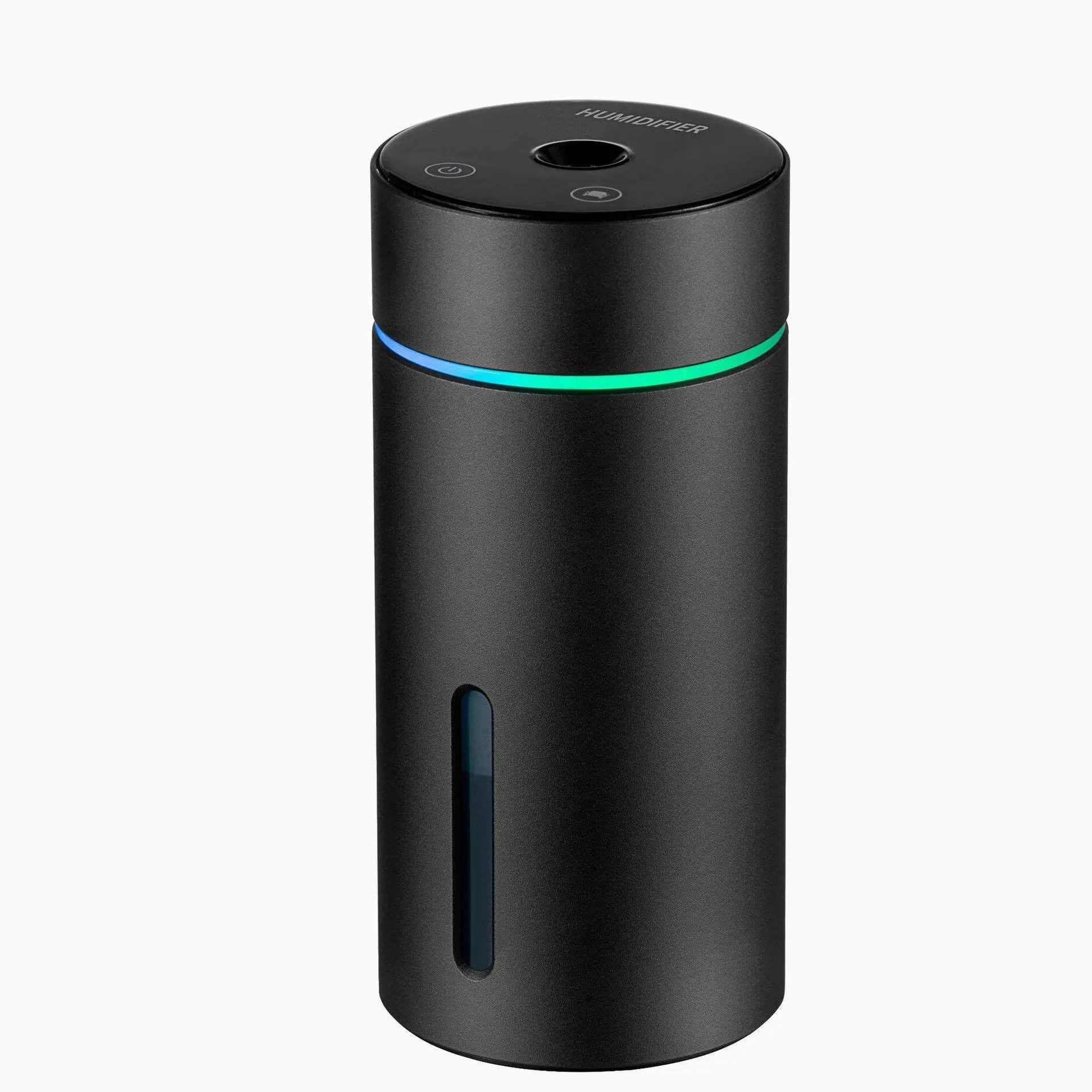 Black portable car humidifier and essential oil diffuser with aluminium body and colourful night light on