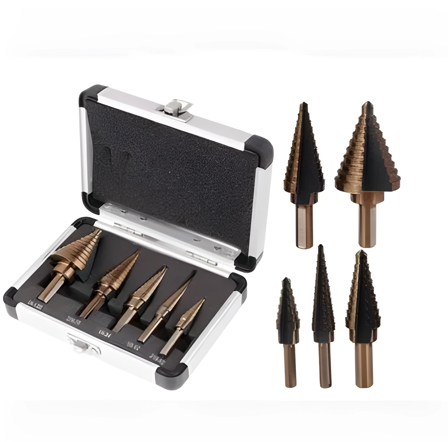 5-piece high speed steel ladder drill set in aluminium box with step bits from 3/16 to 1/2 inch