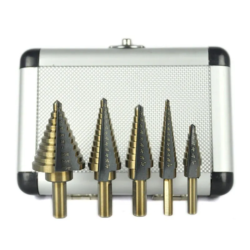 5-piece high speed steel ladder drill set in aluminium box with step bits from 3/16 to 1/2 inch