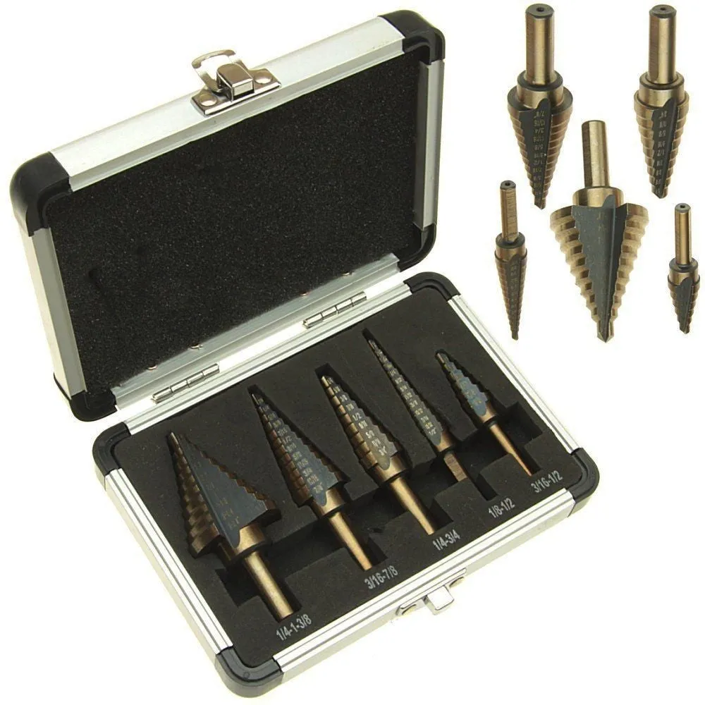 5-piece high speed steel ladder drill set in aluminium box with step bits from 3/16 to 1/2 inch