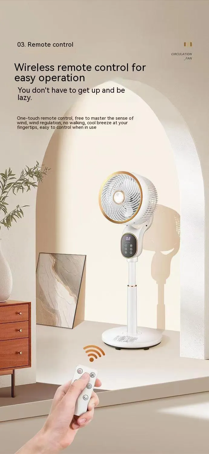 Air circulator fan with remote control, lifting head, and shaking function in household setting