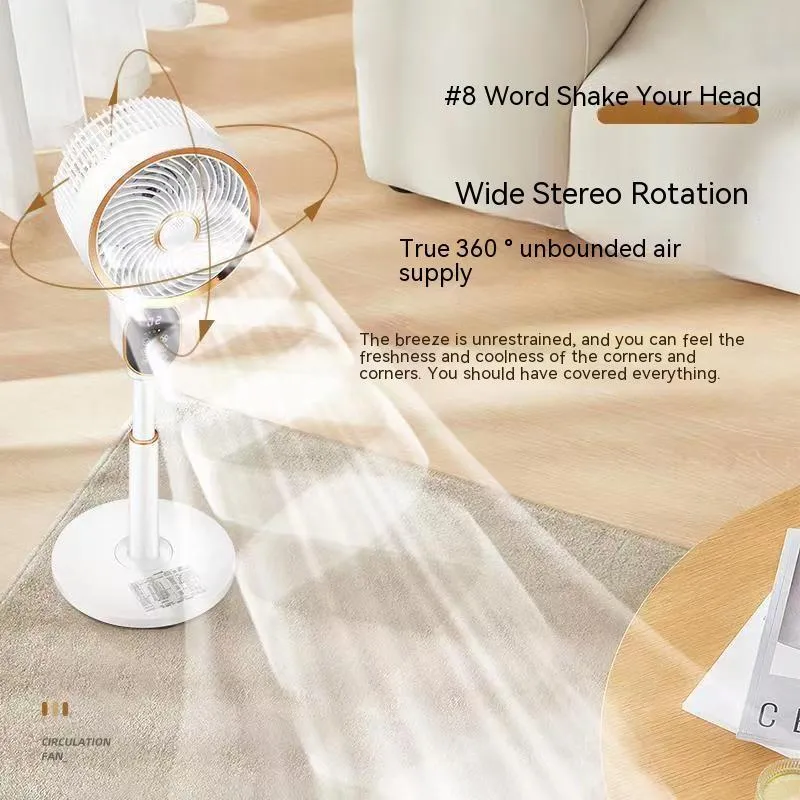 Air circulator fan with remote control, lifting head, and shaking function in household setting