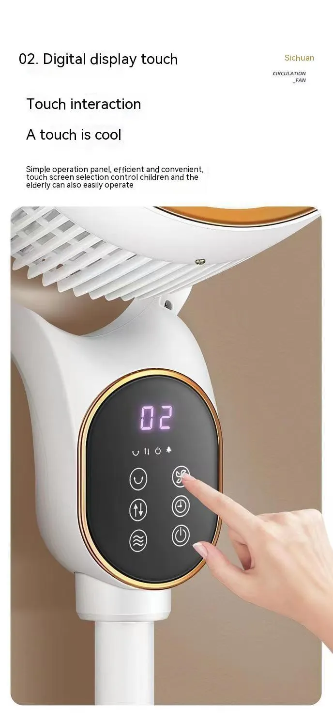 Air circulator fan with remote control, lifting head, and shaking function in household setting