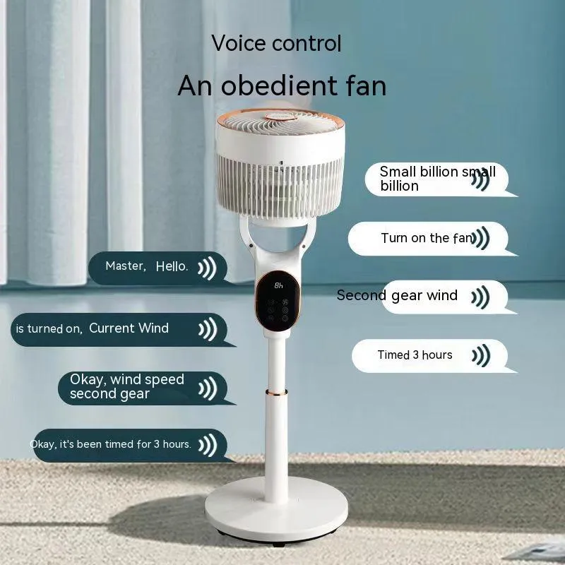 Air circulator fan with remote control, lifting head, and shaking function in household setting