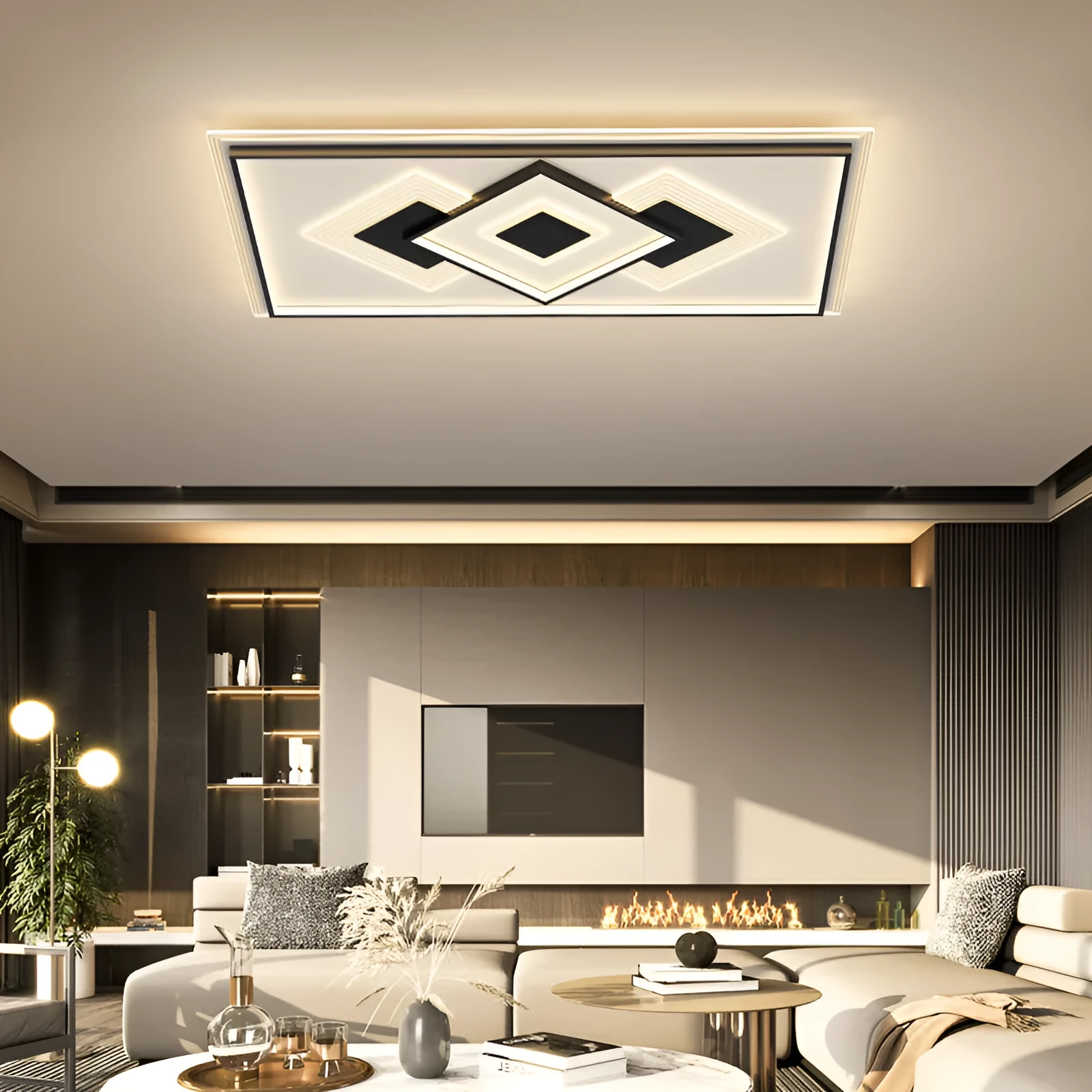 Modern simple rectangular LED ceiling light with black trim and stepless dimming for living room