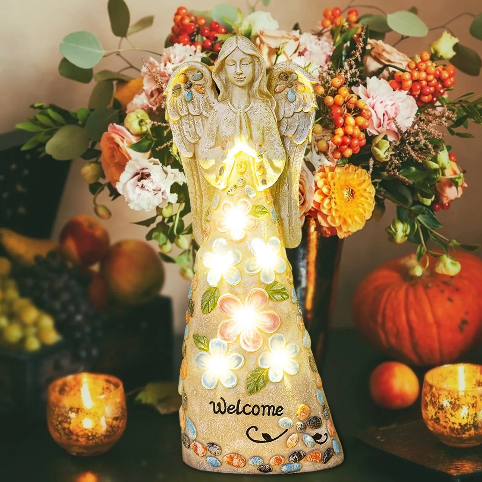 Solar angel resin lamp 25cm white LED coloured finish for garden decoration