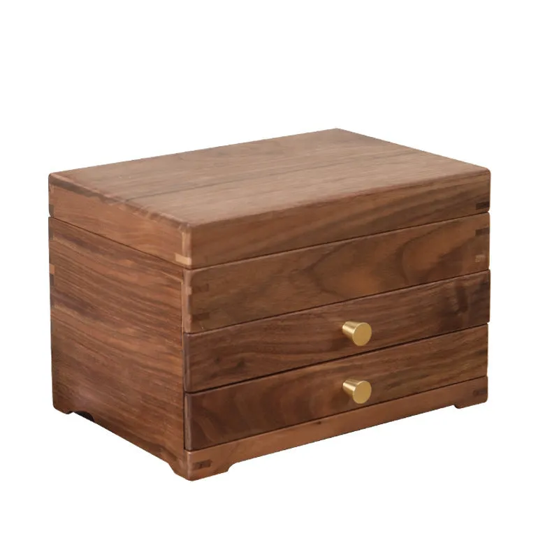 Paulownia wood cosmetic storage cabinet with double-layer pull-out trays and tempered glass front, black walnut finish