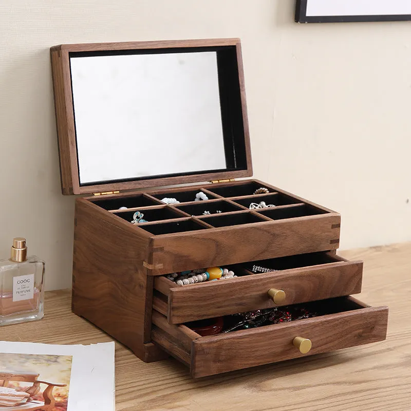 Paulownia wood cosmetic storage cabinet with double-layer pull-out trays and tempered glass front, black walnut finish