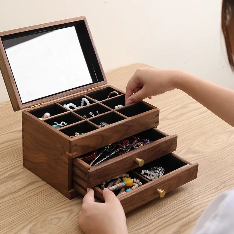 Paulownia wood cosmetic storage cabinet with double-layer pull-out trays and tempered glass front, black walnut finish