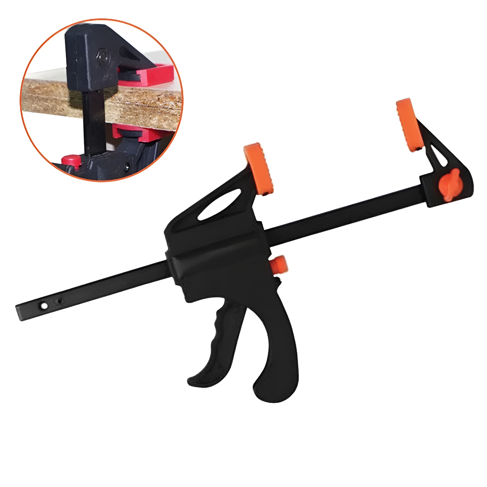 Black woodworking F clip 4 inch with plastic body and carbon steel rod on wooden board