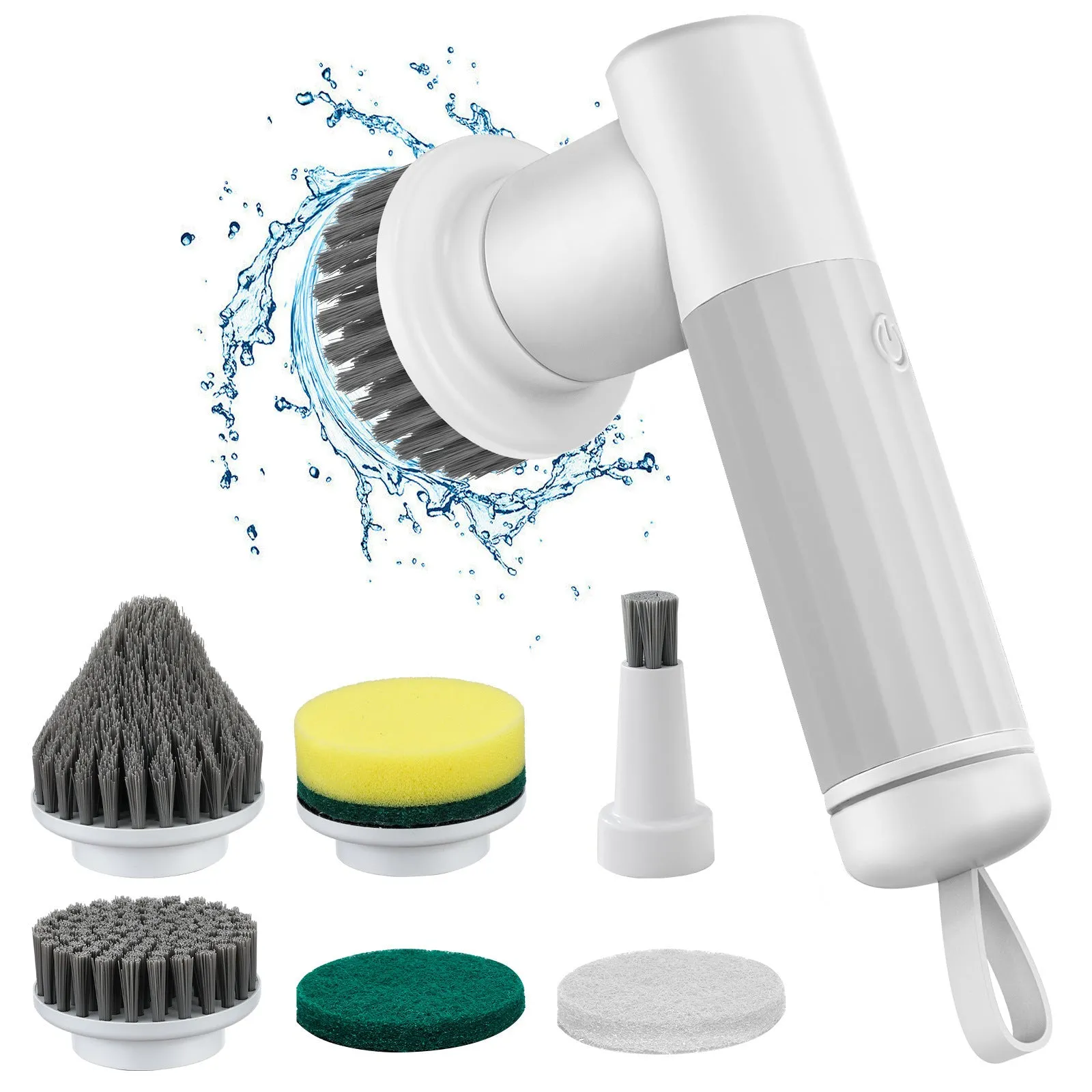 Electric cleaning brush with 6 brush heads in white and warm colour for bathroom and kitchen use