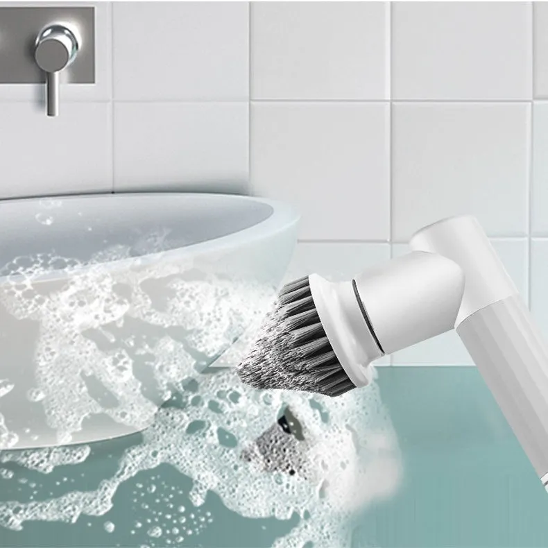 Electric cleaning brush with 6 brush heads in white and warm colour for bathroom and kitchen use