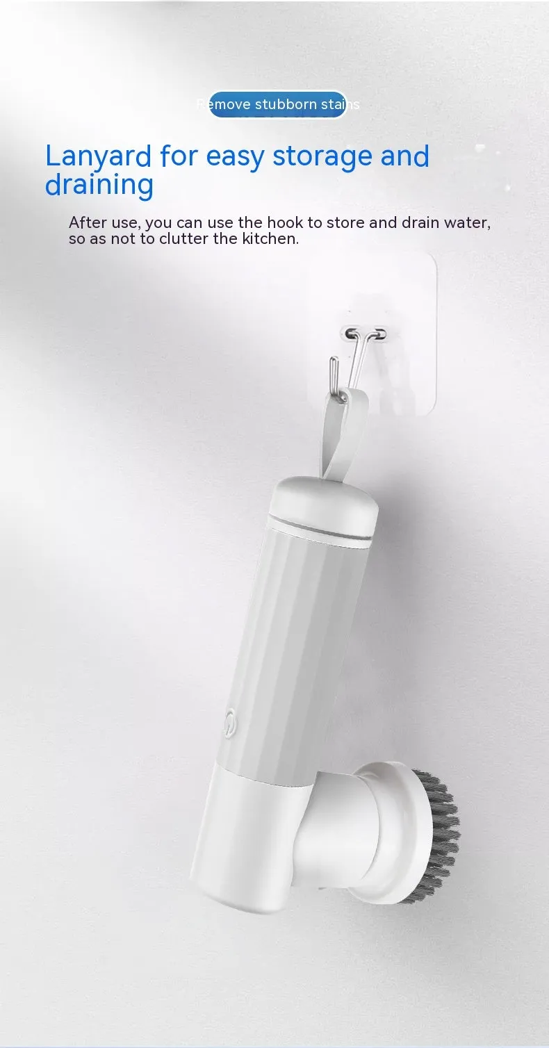 Electric cleaning brush with 6 brush heads in white and warm colour for bathroom and kitchen use