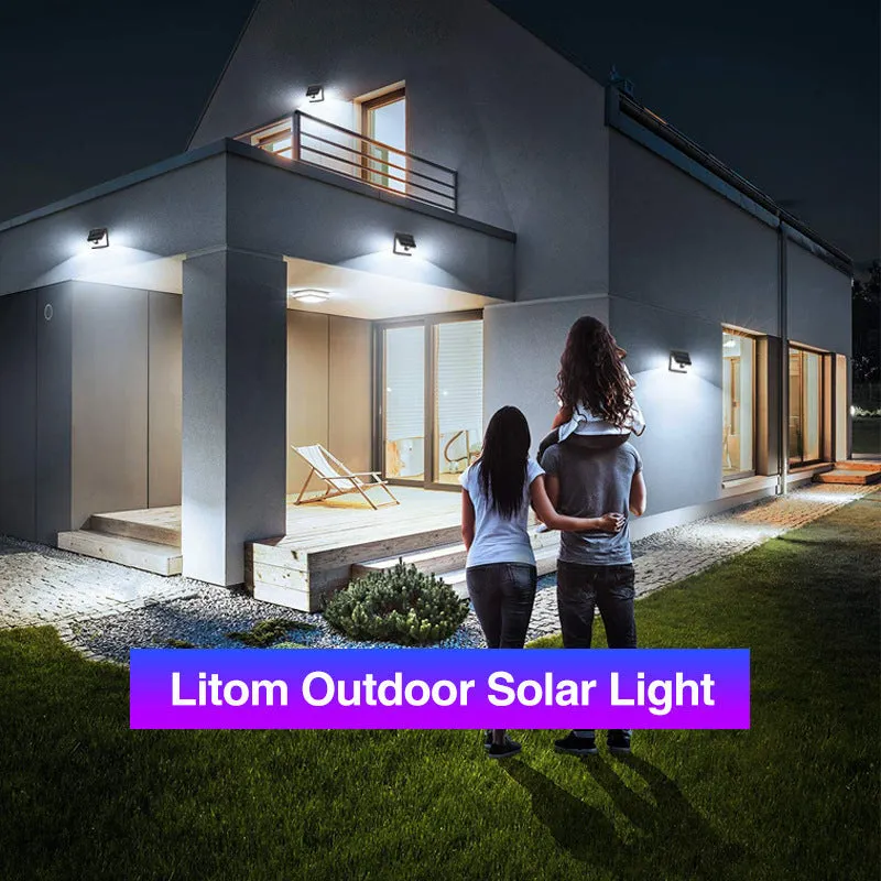 Household minimalist outdoor solar wall lamp with motion sensor and 40 LED patches on white background