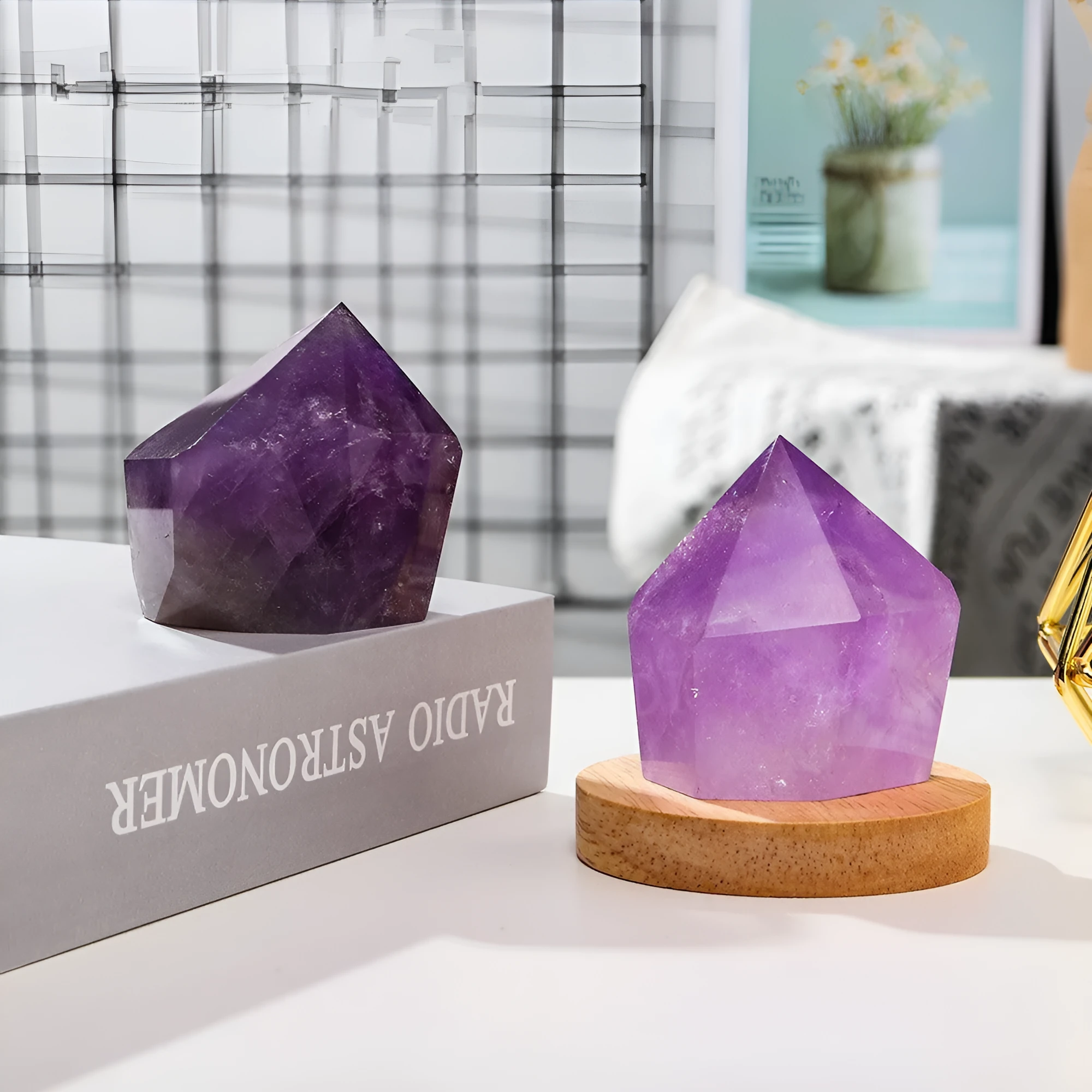 Natural amethyst crystal cake tower night light on USB base, modern simple style, purple stone