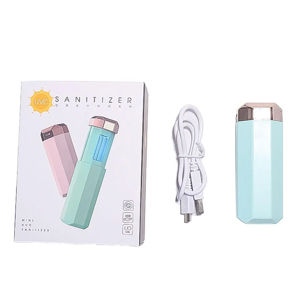Portable UVC ozone USB germicidal wand in blue with foldable design on a table