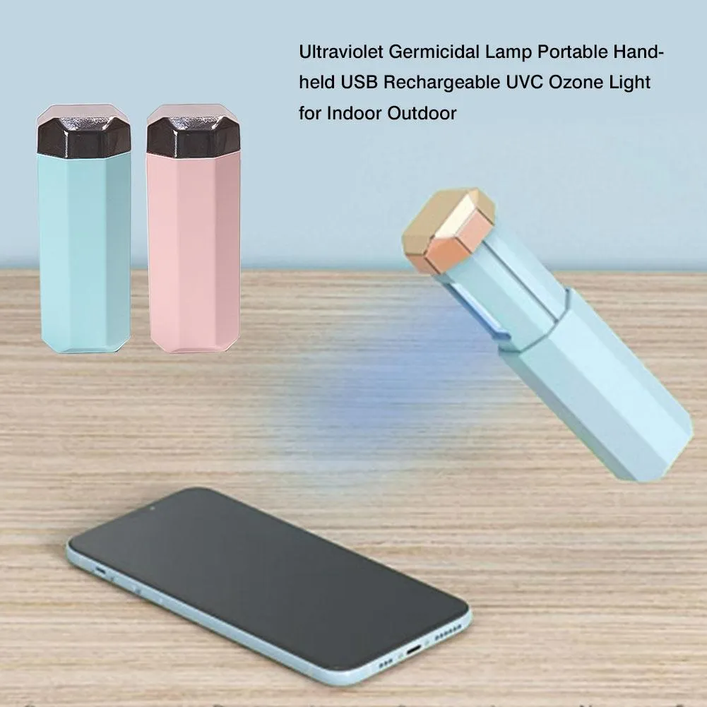 Portable UVC ozone USB germicidal wand in blue with foldable design on a table
