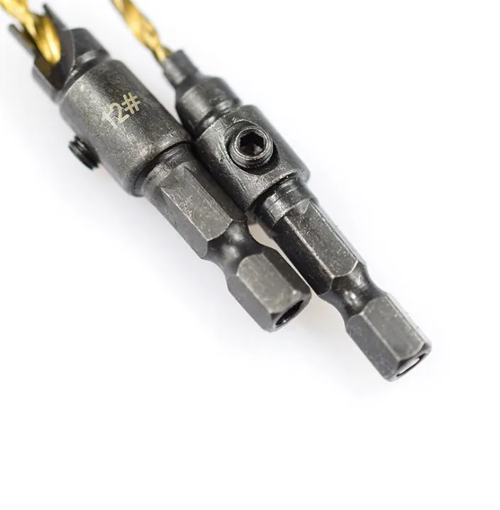 Five hexagon shank titanium plated countersink drill bits with sizes 5 to 12 mm and a small wrench