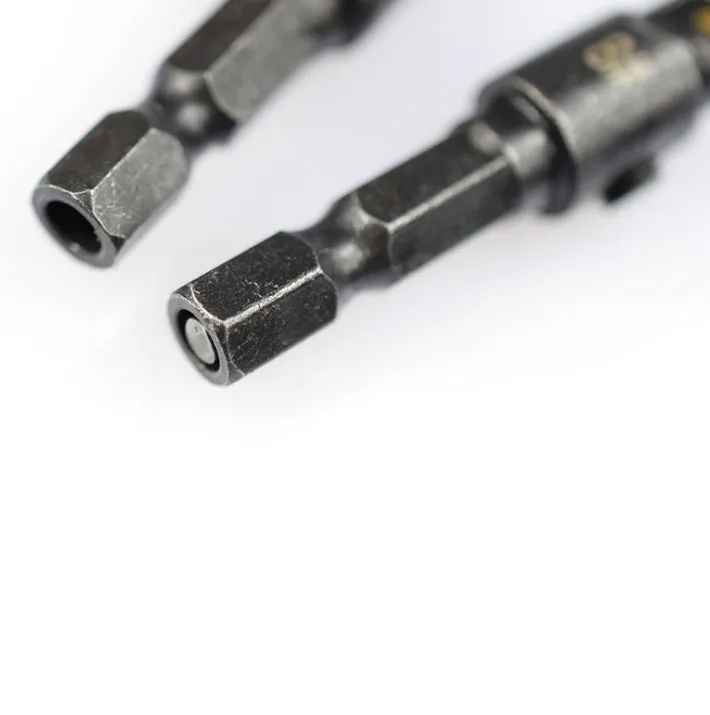 Five hexagon shank titanium plated countersink drill bits with sizes 5 to 12 mm and a small wrench