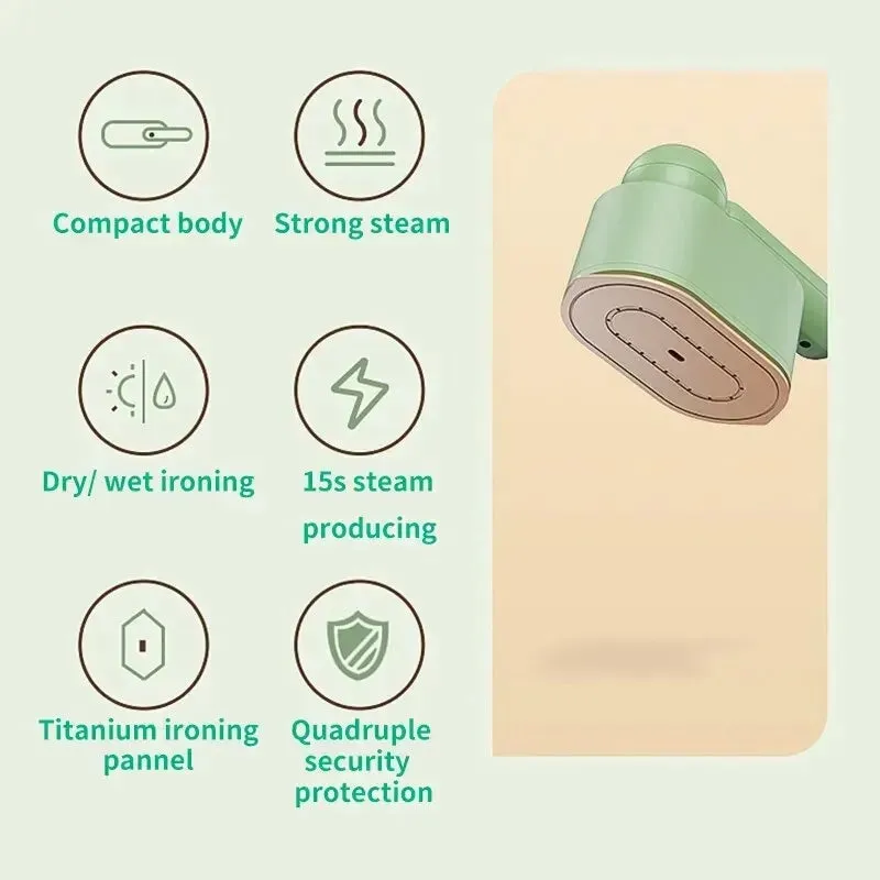 Green household 800W portable garment steamer with foldable handle and titanium plate on plain background