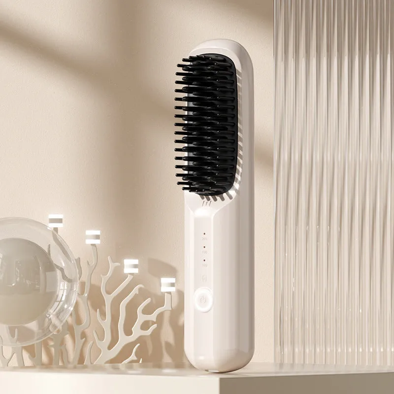 Beige wireless ionic hair straightening comb with Type-C charging port