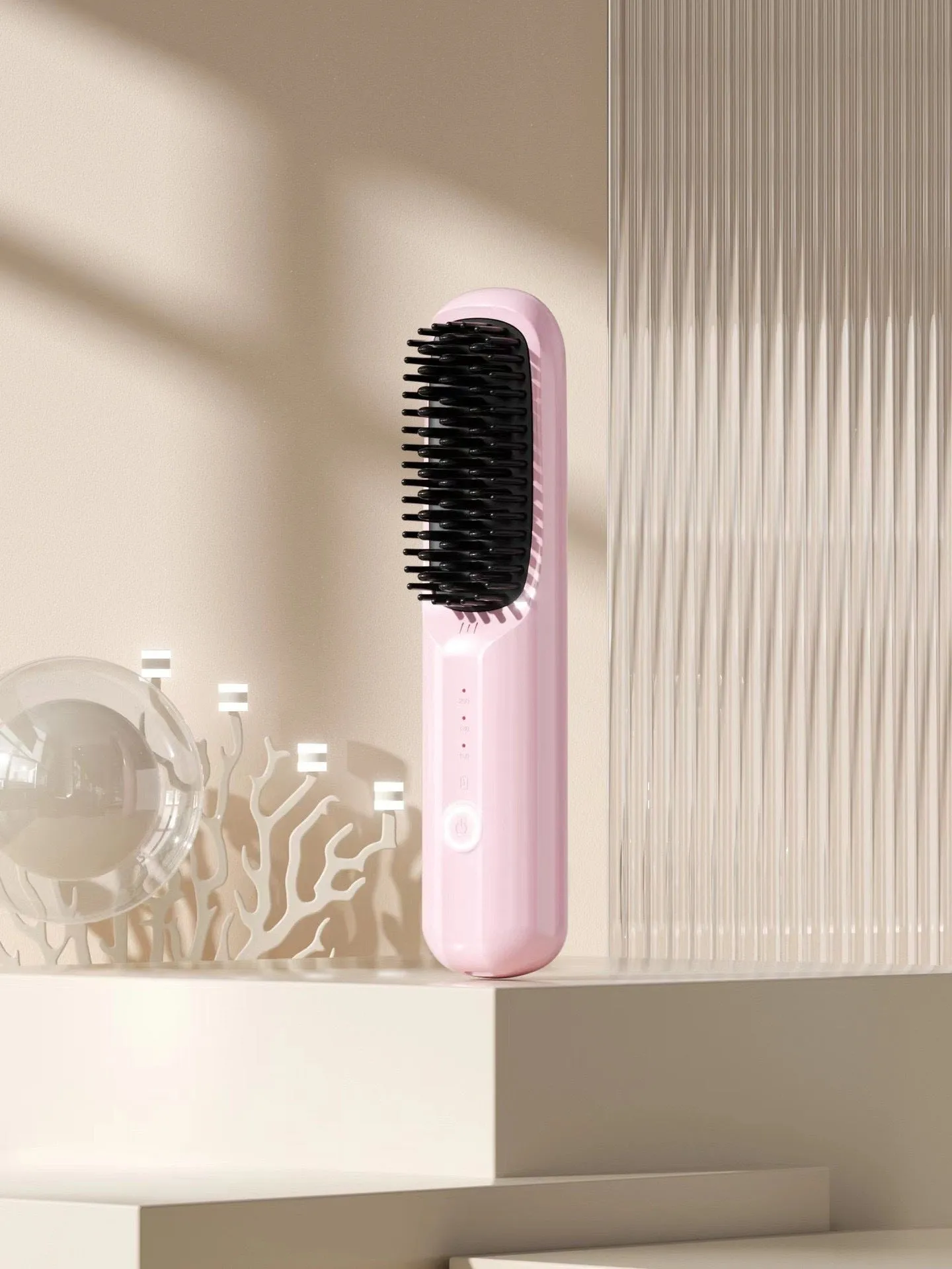 Beige wireless ionic hair straightening comb with Type-C charging port