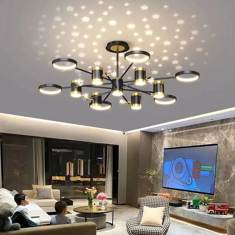 Black iron pendant lamp chandelier with 13-light Nordic star design and remote control