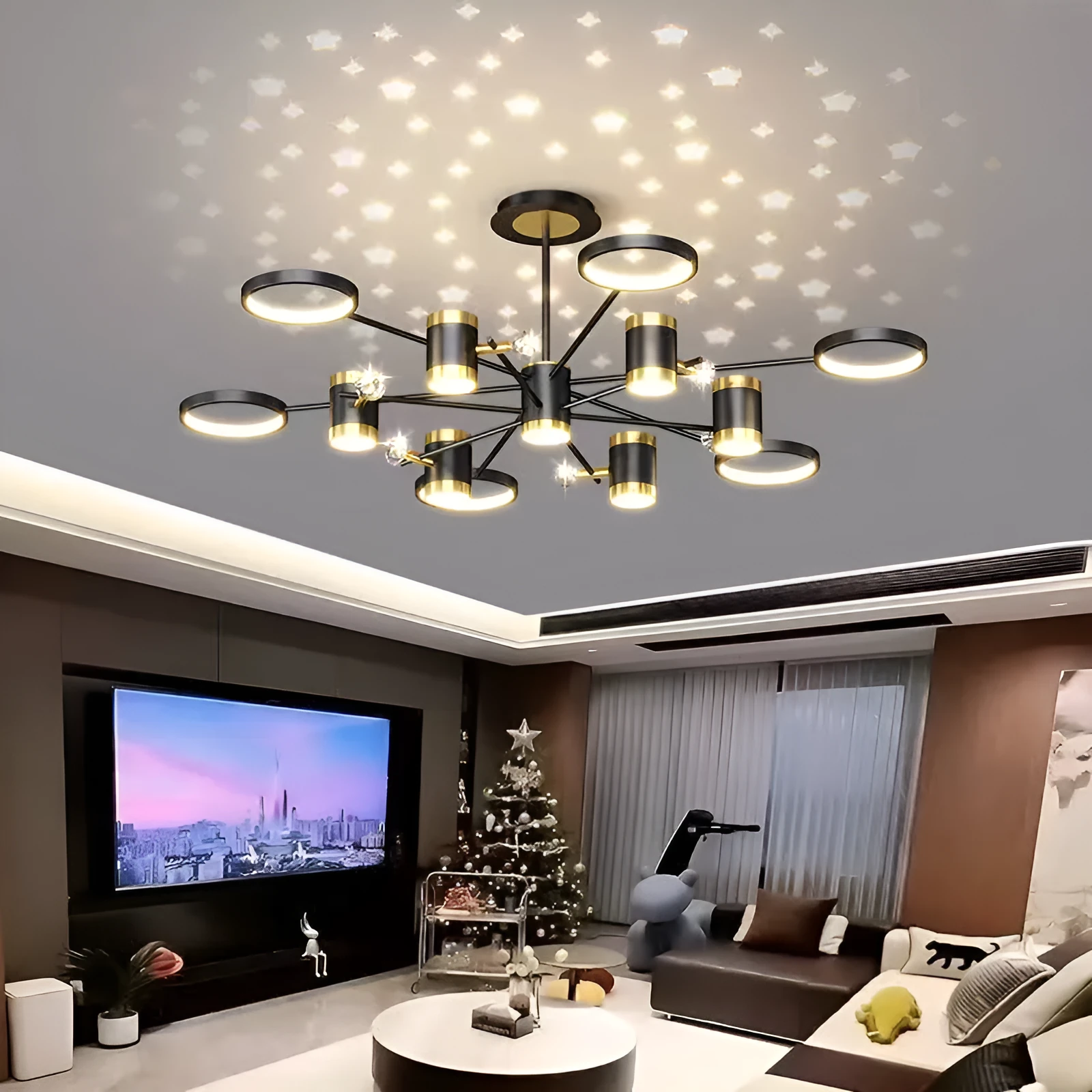 Black iron pendant lamp chandelier with 13-light Nordic star design and remote control