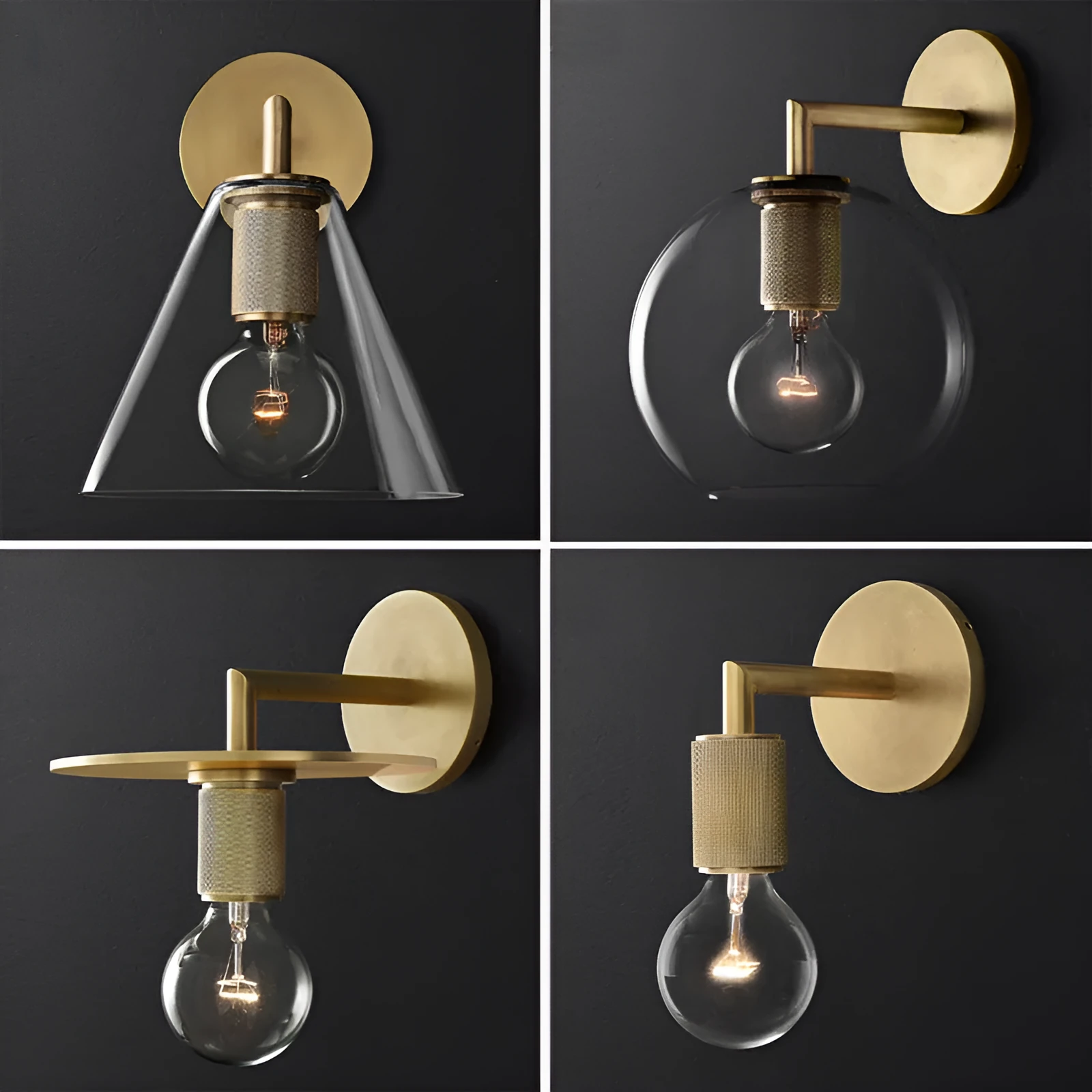 Modern wrought iron glass wall lamp with gold bronze finish and triangular transparent glass shade