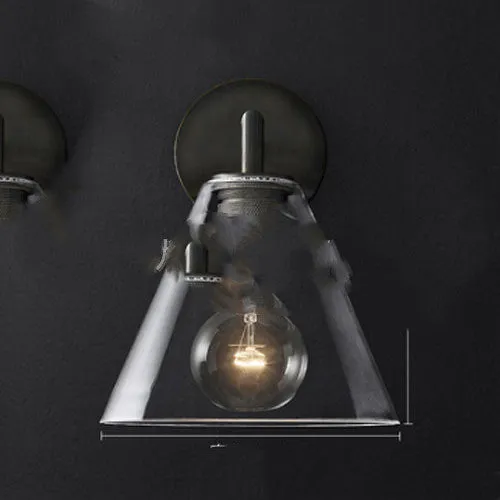 Modern wrought iron glass wall lamp with gold bronze finish and triangular transparent glass shade