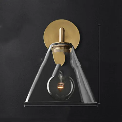 Modern wrought iron glass wall lamp with gold bronze finish and triangular transparent glass shade