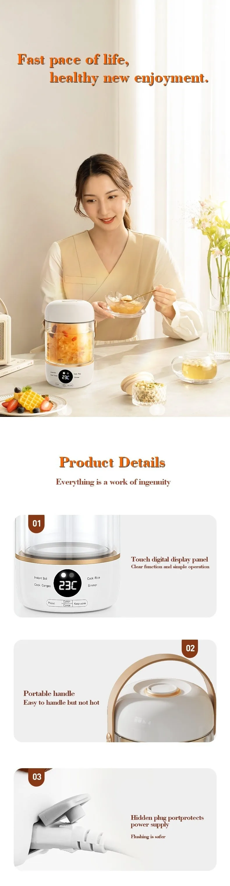 Personal portable electric stew cooker with transparent glass pot and fibreglass body on a desk.