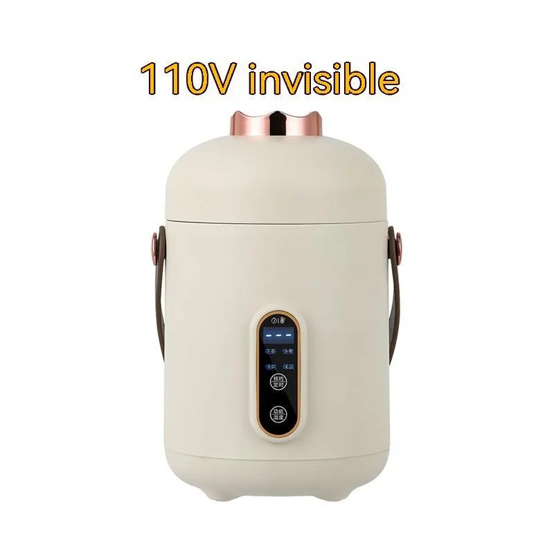 Personal portable electric stew cooker with transparent glass pot and fibreglass body on a desk.