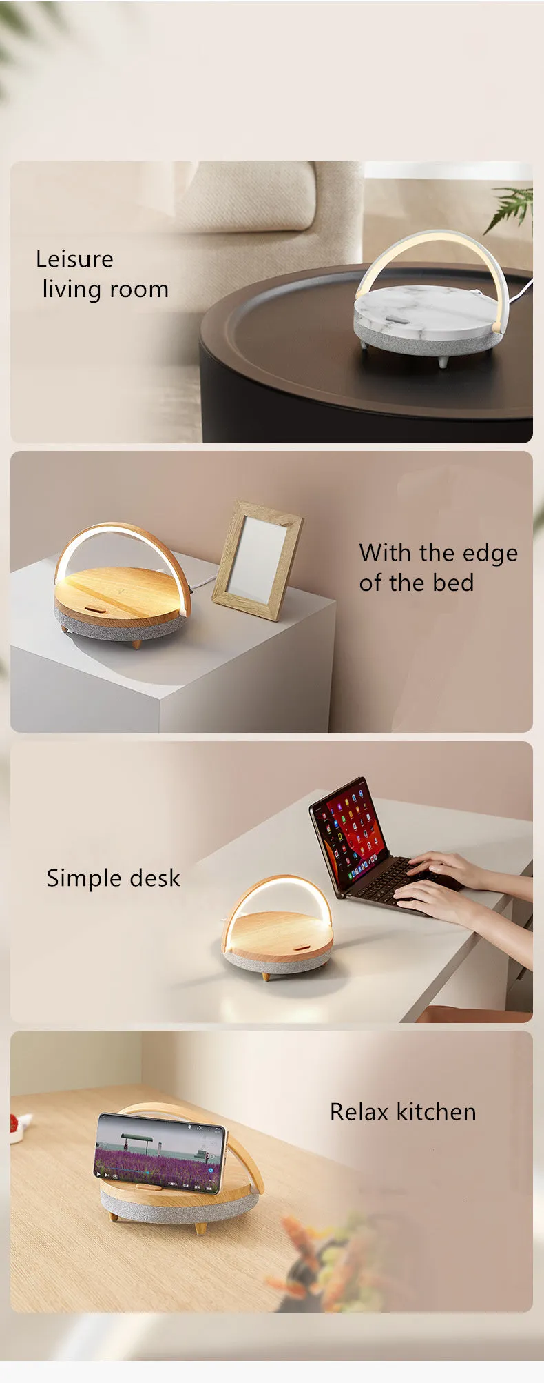 Multi-function wireless charging night light with touch control, ABS/PP body, marbling finish