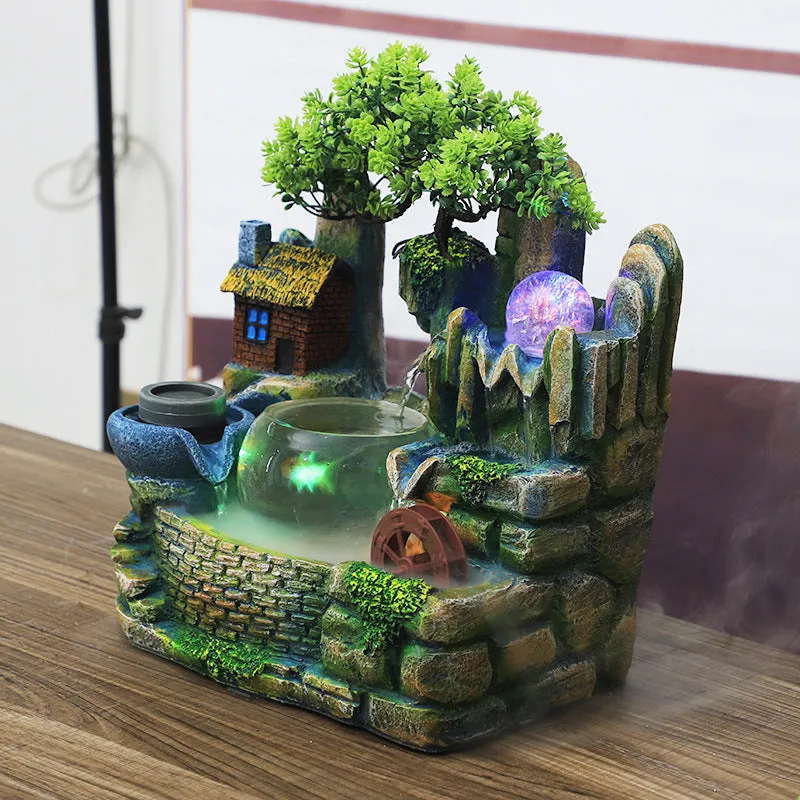 Desktop waterscape fish tank creative humidifier in retro nostalgic resin style, 308+ fog colour, landscape shape with flowing water ornament