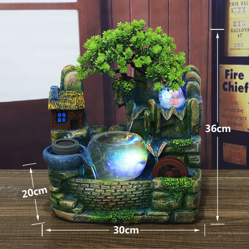 Desktop waterscape fish tank creative humidifier in retro nostalgic resin style, 308+ fog colour, landscape shape with flowing water ornament