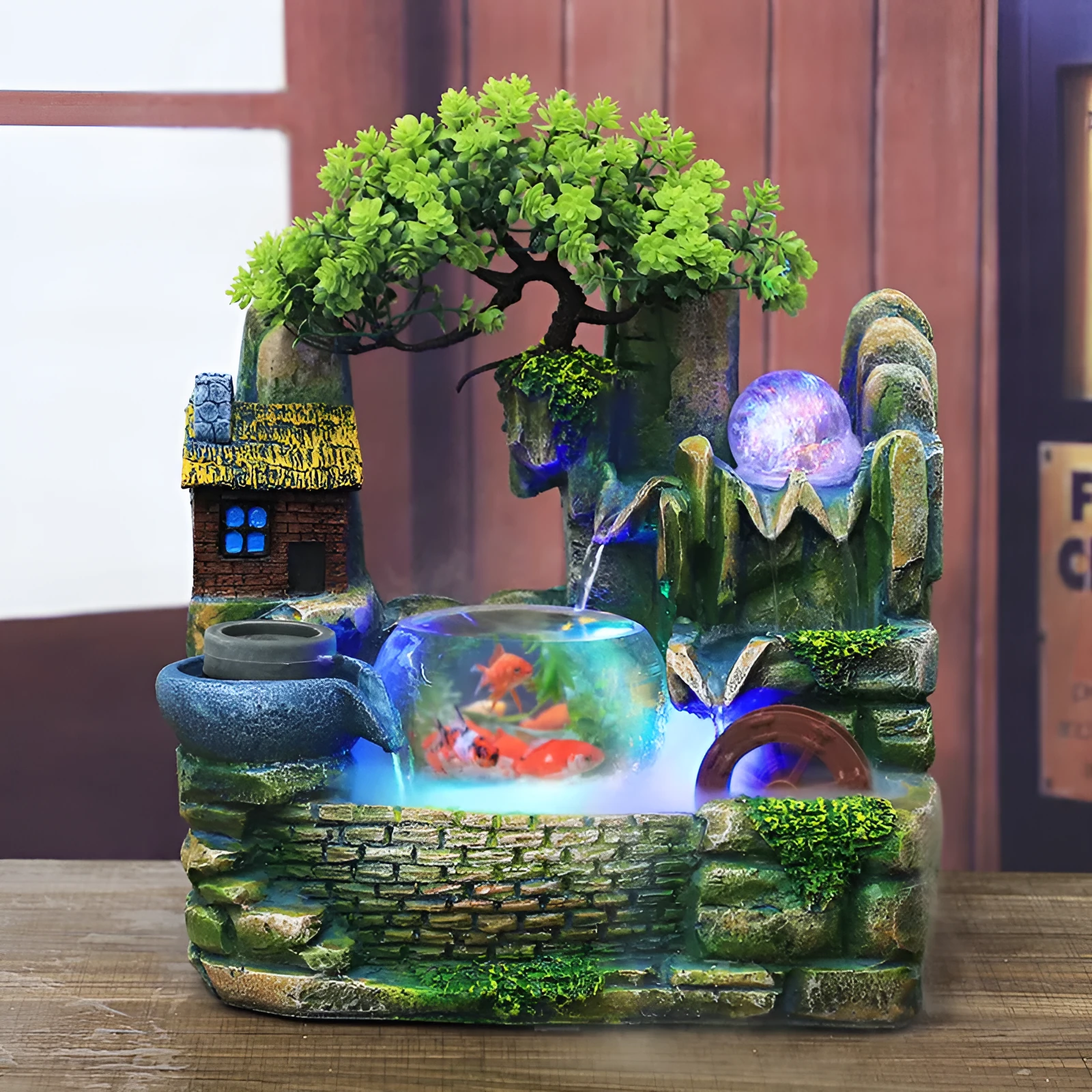 Desktop waterscape fish tank creative humidifier in retro nostalgic resin style, 308+ fog colour, landscape shape with flowing water ornament