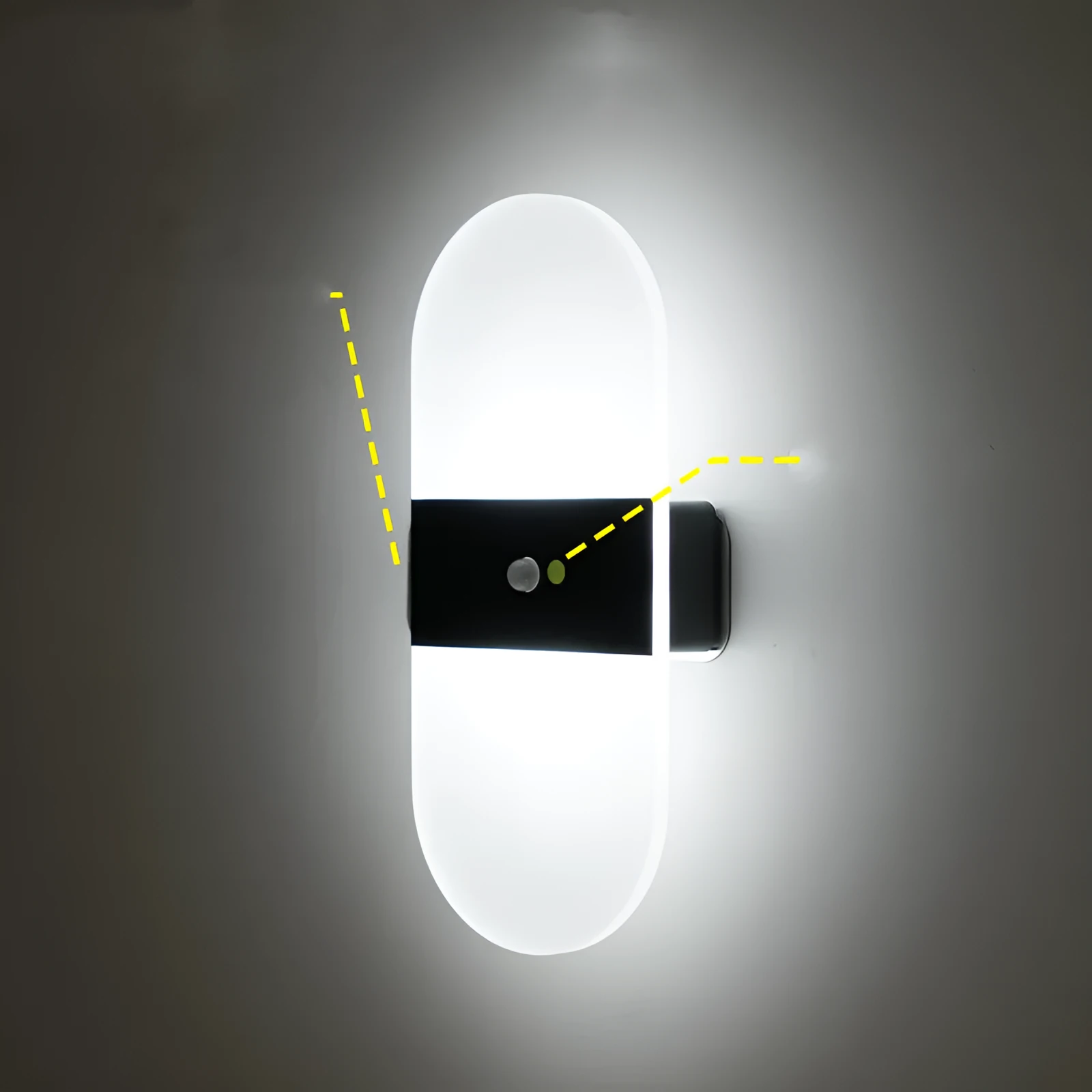 Magnetic rechargeable wall lamp in arc style, black finish, with warm light on a metal bedside shelf