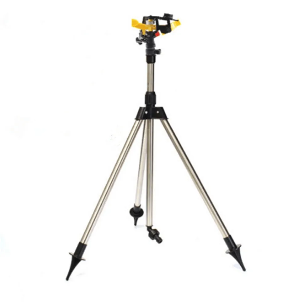 Automatic 360-degree rotating sprinkler on tripod for garden lawn irrigation with adjustable height and spray angle