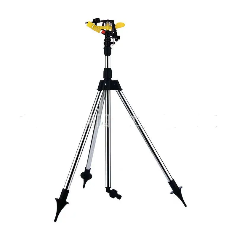 Automatic 360-degree rotating sprinkler on tripod for garden lawn irrigation with adjustable height and spray angle