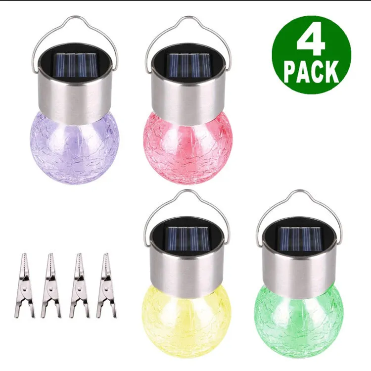 Outdoor solar glass ball chandelier with LED light in a garden, available in colourful, warm, or white light