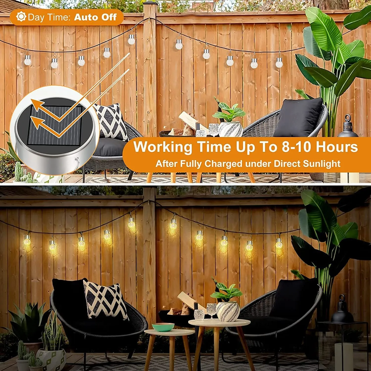 Outdoor solar glass ball chandelier with LED light in a garden, available in colourful, warm, or white light