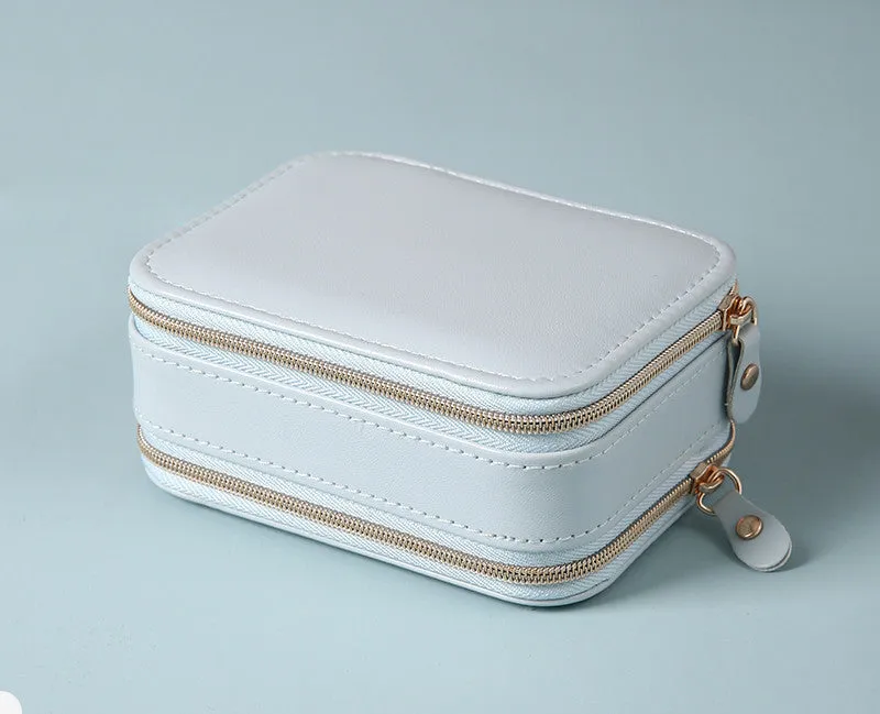 Portable travel jewelry box double-sided PU leather pearl velvet blue pink