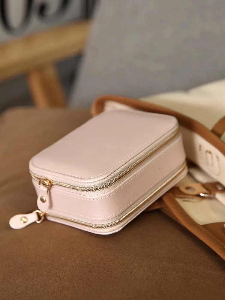 Portable travel jewelry box double-sided PU leather pearl velvet blue pink