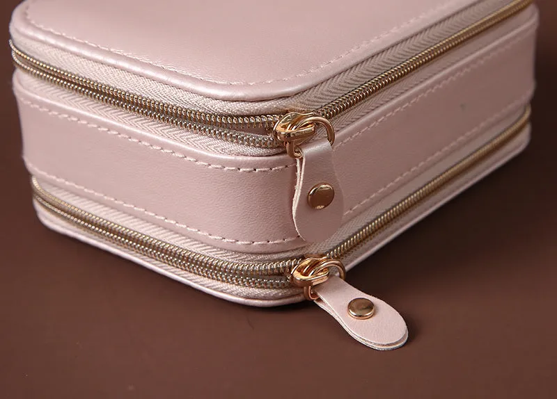Portable travel jewelry box double-sided PU leather pearl velvet blue pink
