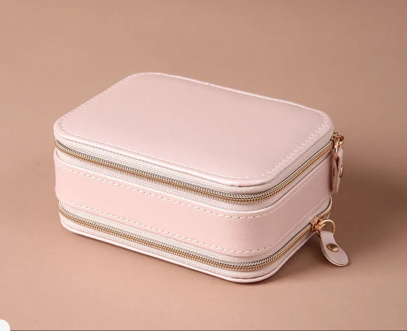 Portable travel jewelry box double-sided PU leather pearl velvet blue pink