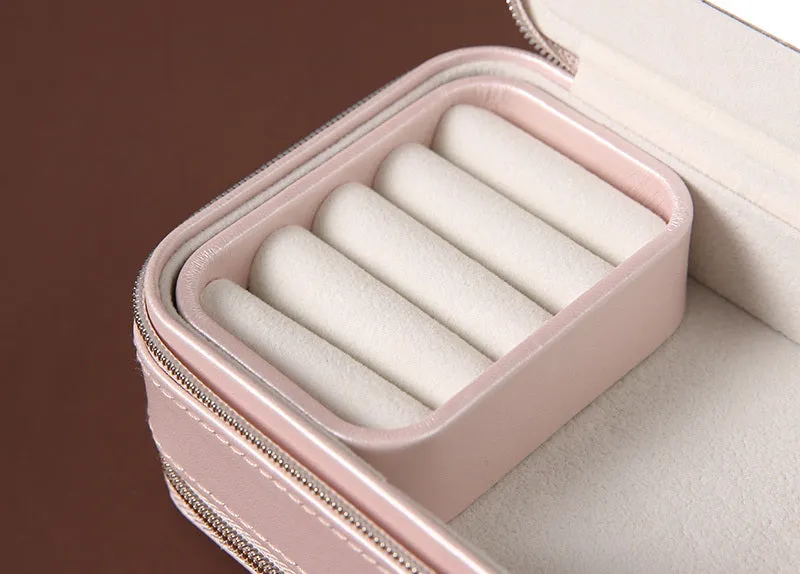 Portable travel jewelry box double-sided PU leather pearl velvet blue pink