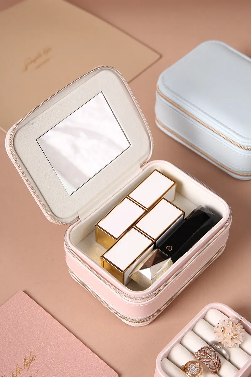 Portable travel jewelry box double-sided PU leather pearl velvet blue pink